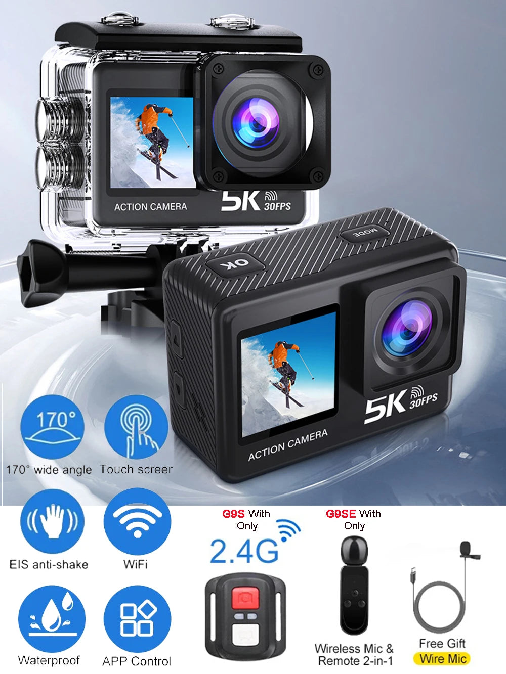 G9SE Action Camera 5K30fps 4K60fps 50MP 2.0 Touch LCD EIS DVR Webcam Dual Screen Wi-Fi 170D Waterproof 30M 5X Zoom Sports Camera