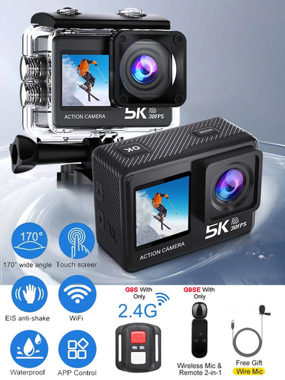 G9SE Action Camera 5K30fps 4K60fps 50MP 2.0 Touch LCD EIS DVR Webcam Dual Screen Wi-Fi 170D Waterproof 30M 5X Zoom Sports Camera