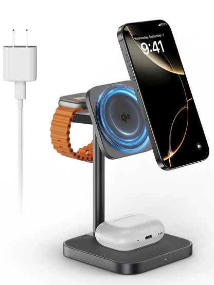 LULULOOK Qi2 3 in 1 Wireless Charging Station,Aluminum 15W Fast Mag-Safe Charger Stand for iPhone 17 16 15 14,5W for Apple Watch
