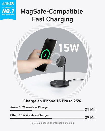 Anker MagSafe Charger Stand Compatible, MagGo 2-in-1 Charging Station, 【Upgraded】 Qi2 Certified 15W Wireless Charger Stand, for