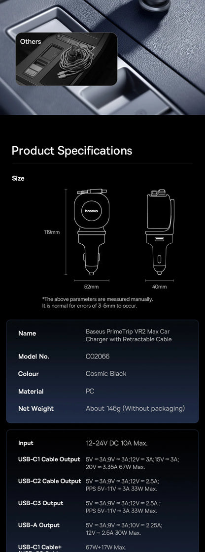 Baseus 100W Car Charger PD QC Fast Charging Dual Type-C Retractable Cable 4 ports 450°Rotation For Laptop Tablet iPhone Samsung