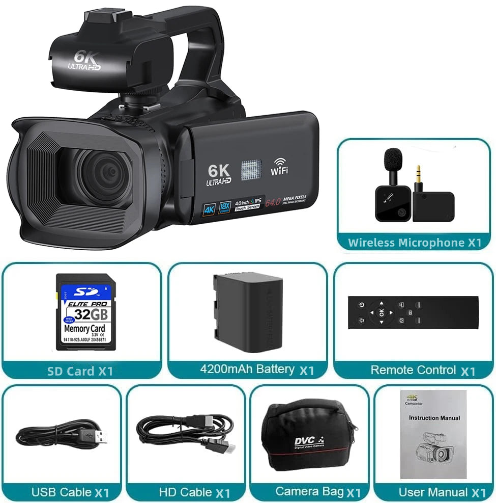 Full 6K Camcorder 64MP Youtuber Professional Digital Video Camera Streaming Auto Focus Photography Vlog Recorder 4" Touch Screen - Universal Market