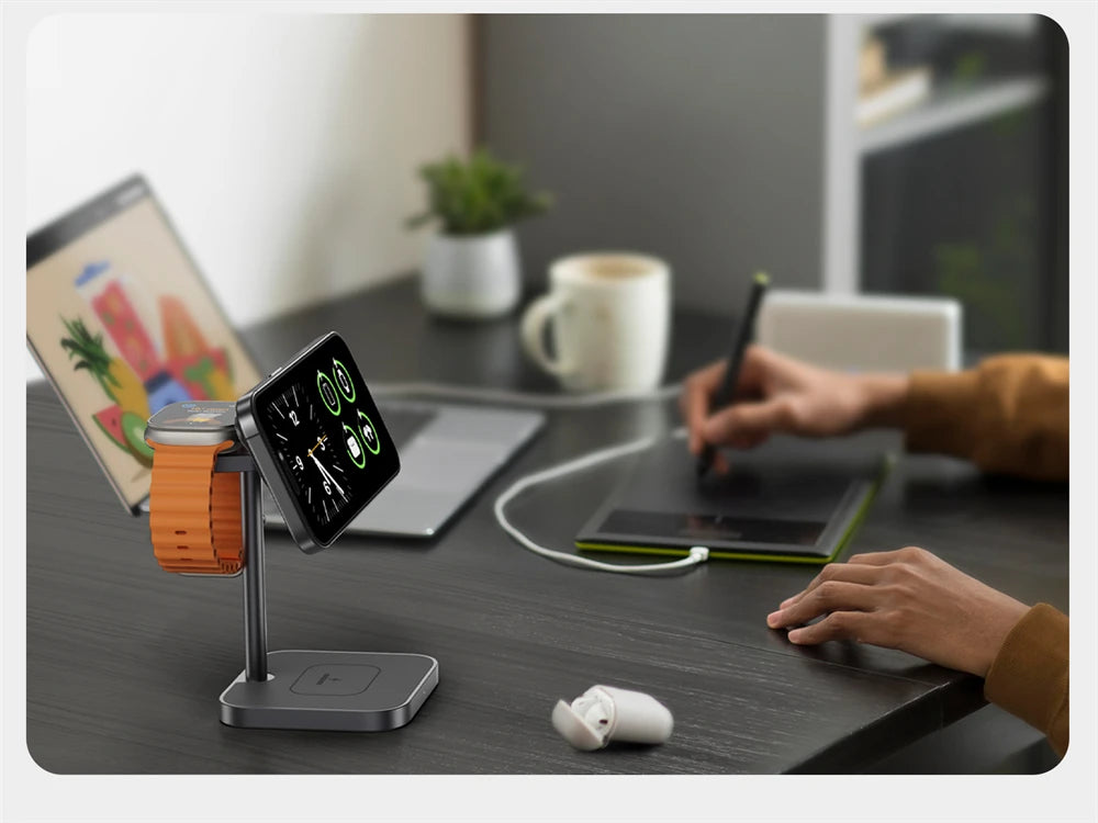 LULULOOK Qi2 3 in 1 Wireless Charging Station,Aluminum 15W Fast Mag-Safe Charger Stand for iPhone 17 16 15 14,5W for Apple Watch