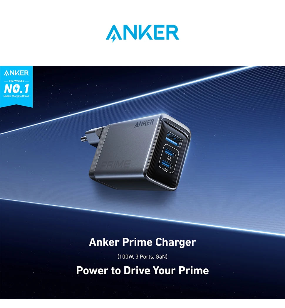 Anker Prime Charger, 100W USB C Charger, 3-Port GaN Foldable and Compact Anker Wall Charger, for MacBook, iPad, iPhone17