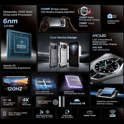 Global Version DOOGEE S200 5G Rugged Phone 12GB +256GB 6.72" Display 100MP AI Main Camera 10100mAh Mobilephone Android 14 NFC