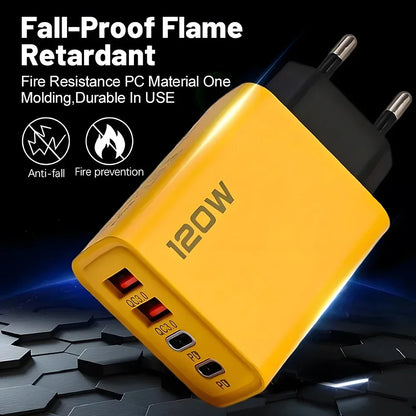 120W 2 USB+2 Type-C 4 Ports Wall Charger Fast Charging EU/US/UK Plug Power Adapter For Xiaomi iPhone Samsung Huawei Phone/Tablet