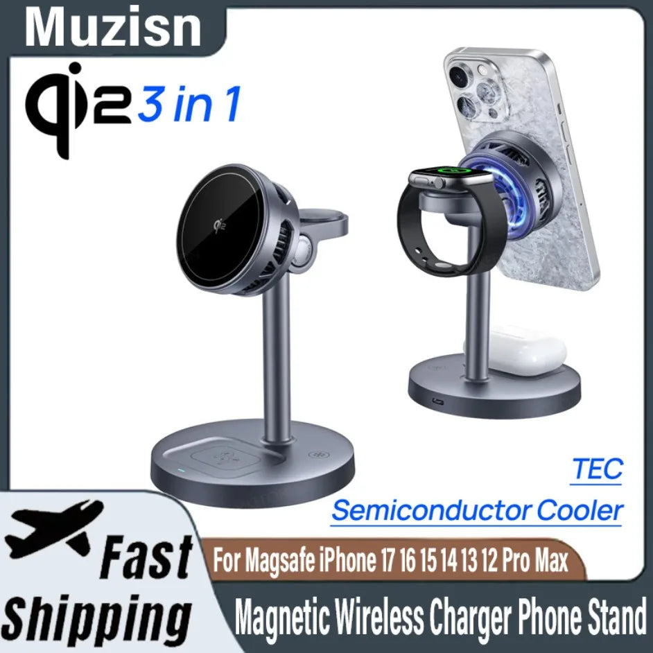 3 in 1 Qi2 15W Magnetic Wireless Charger Phone Stand For Magsafe iPhone 17-12 Pro Max 14 13 12 Apple Watch 10~2 AirPods 4 Pro