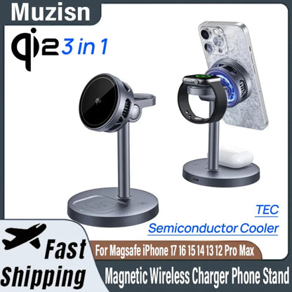 3 in 1 Qi2 15W Magnetic Wireless Charger Phone Stand For Magsafe iPhone 17-12 Pro Max 14 13 12 Apple Watch 10~2 AirPods 4 Pro