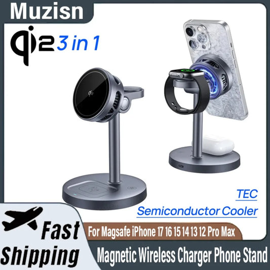 3 in 1 Qi2 15W Magnetic Wireless Charger Phone Stand For Magsafe iPhone 17-12 Pro Max 14 13 12 Apple Watch 10~2 AirPods 4 Pro