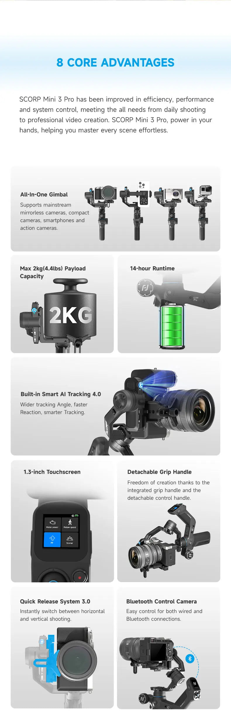 FeiyuTech SCORP Mini 3 Pro Gimbal with Detachable Remote Handle & AI 4.0 Tracking for Mirrorless, Action Camera & Smartphones - Universal Market