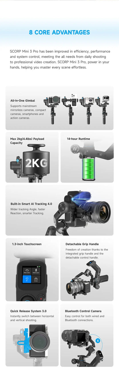 FeiyuTech SCORP Mini 3 Pro Gimbal with Detachable Remote Handle & AI 4.0 Tracking for Mirrorless, Action Camera & Smartphones - Universal Market