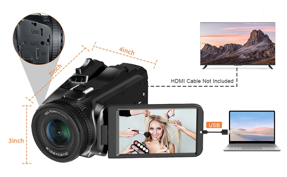 2025 Pro 4K 60FPS Digital Video Camera Photography Youtube Vlog Camcorder For Tiktok Live Stream Webcam 18X Zoom Rotate Touch - Universal Market