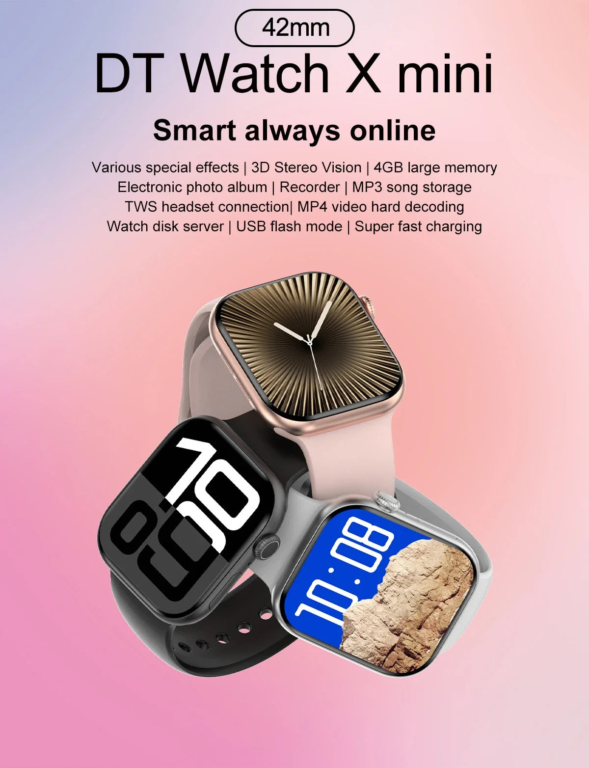 For Apple DT Watch X Mini Smart Watch 3D Menu Video AI Voice NFC Sports Record Health Test 1.85 Inch AMOLED Women Smartwatch