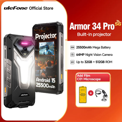 Ulefone Armor 34 Pro 5G AI 25500mAh Rugged Phone Smartphone Android 15 32GB+512GB Built-in DLP Projector 6.95" NFC Mobile Phone