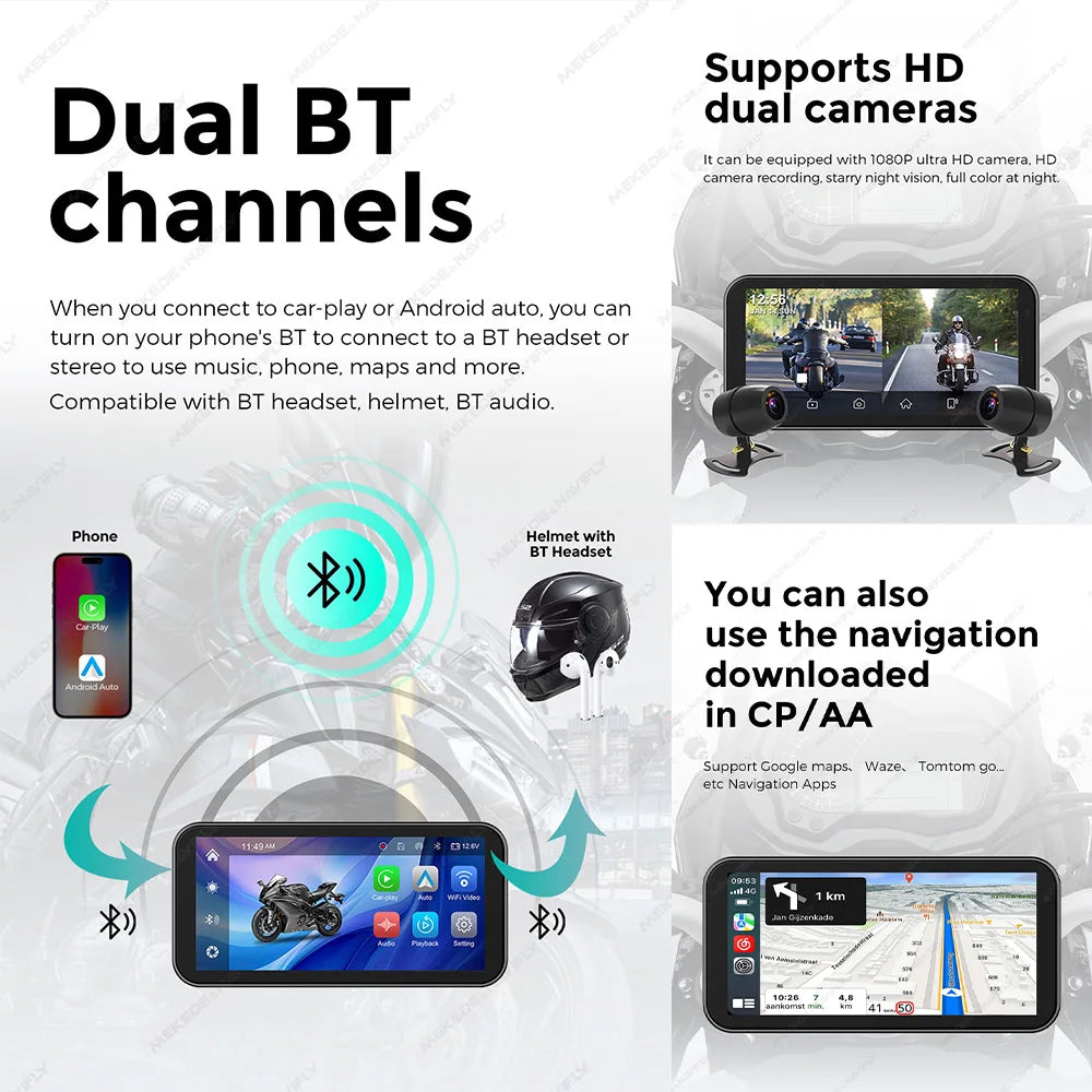 Portable 6.25 inch IP67 Waterproof Motorcycle GPS Navigation Wireless Carplay Android Auto DVR Drive Recorder Moto Monitor WIFI - Universal Market