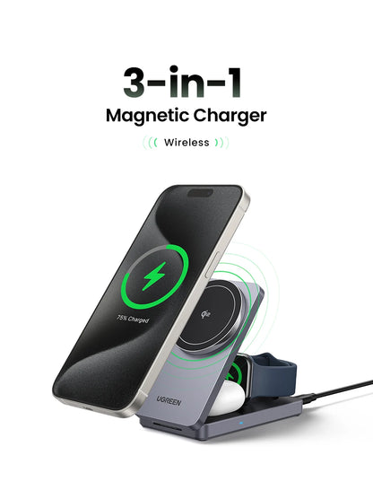 UGREEN 3-in-1 MFi 15W MAX Magnetic Wireless Charger Qi2 Charging Stand For iPhone 16 17 Pro Max For MagSafe Fast Charger
