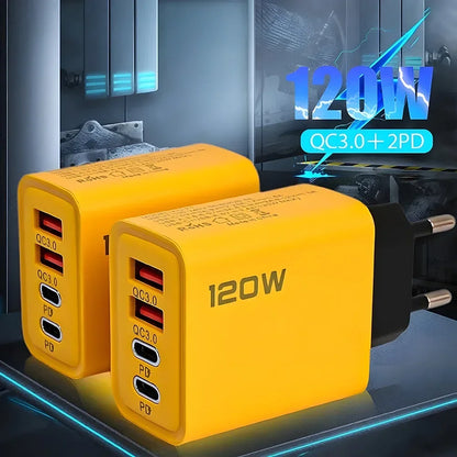 120W 2 USB+2 Type-C 4 Ports Wall Charger Fast Charging EU/US/UK Plug Power Adapter For Xiaomi iPhone Samsung Huawei Phone/Tablet