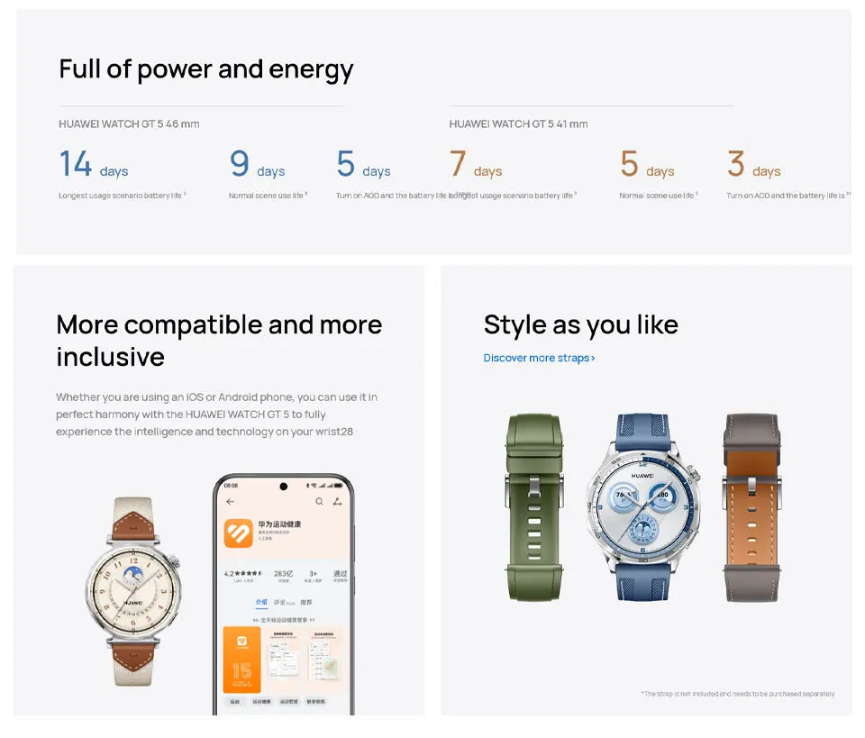 HUAWEI WATCH GT5 Chinese version (41mm) (46mm) Bluetooth call HarmonyOS 1.32-inch/1.43-inch AMOLED Battery capacity 323mAh/524mA