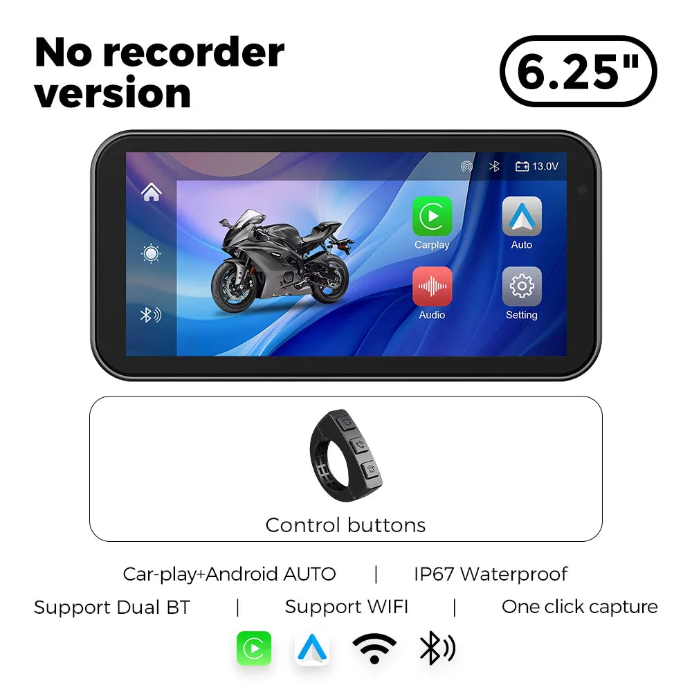 Portable 6.25 inch IP67 Waterproof Motorcycle GPS Navigation Wireless Carplay Android Auto DVR Drive Recorder Moto Monitor WIFI - Universal Market