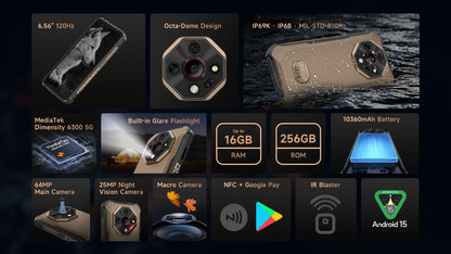 【World Premiere】Ulefone Armor X16 Pro 5G Rugged Phone 10360mAh Battery 256GB ROM NFC Android Smartphone with Google Gemini