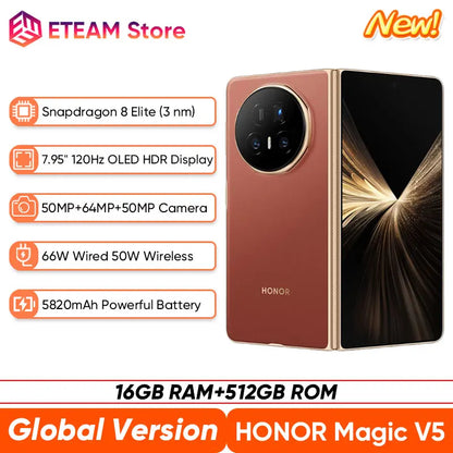 New Global Version HONOR Magic V5 5G Foldable SmartPhone 7.95" OLED HDR 120Hz Screen Snapdragon 8 Elite 5820mAh Battery NFC eSIM