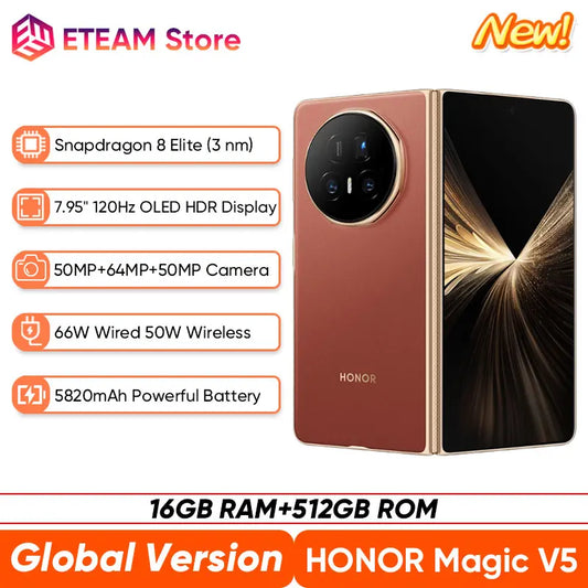 New Global Version HONOR Magic V5 5G Foldable SmartPhone 7.95" OLED HDR 120Hz Screen Snapdragon 8 Elite 5820mAh Battery NFC eSIM