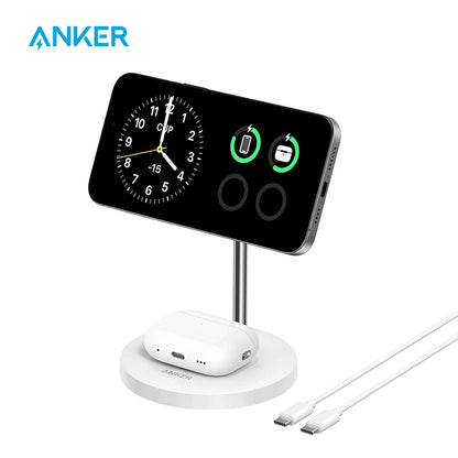 Anker MagSafe Charger Stand Compatible, MagGo 2-in-1 Charging Station, 【Upgraded】 Qi2 Certified 15W Wireless Charger Stand, for