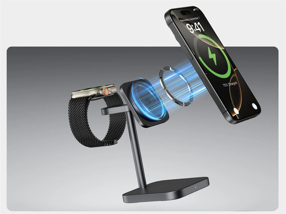 LULULOOK Qi2 3 in 1 Wireless Charging Station,Aluminum 15W Fast Mag-Safe Charger Stand for iPhone 17 16 15 14,5W for Apple Watch