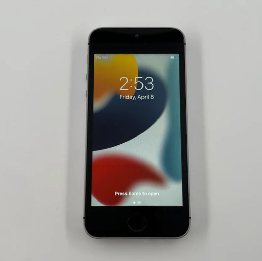 iPhone SE specifications unlocked mobile displaying lock screen with time and date.
