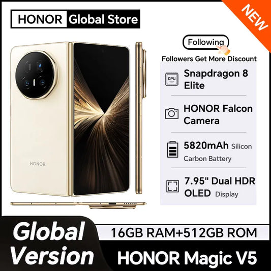 HONOR Magic V5 Global Version Foldable SmartPhone Snapdragon 8 Elite 7.95" Dual HDR OLED Display 66W Wired 50W Wireless NFC eSIM
