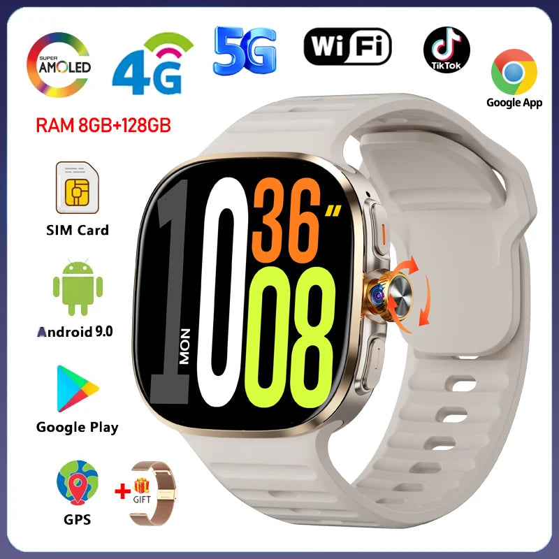 8GB+128GB RAM 5G/4G Android 9.0 Smart Watch 2.4 inch AMOLED 2100mah Battery 900W Camera GPS WIFI Google APPS Download Smartwatch