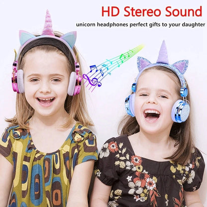 RGB Unicorn Kids Wireless Headphones With Mic Music Stereo Earphone Cute Unicorn Control RGB Light Headset Girls Kids Gift - Universal Market
