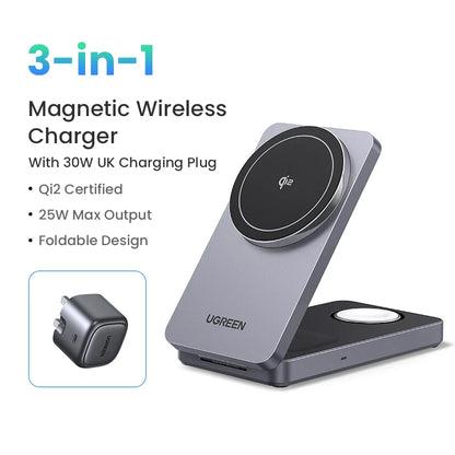 UGREEN 3-in-1 MFi 15W MAX Magnetic Wireless Charger Qi2 Charging Stand For iPhone 16 17 Pro Max For MagSafe Fast Charger