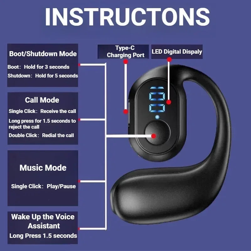 NEW KY2 PRO Wireless Earphones Air Conduction OWS Headphone HiFi Ear-Hook Music Sports Noise Cancel Headset For All Smartphones - Universal Market