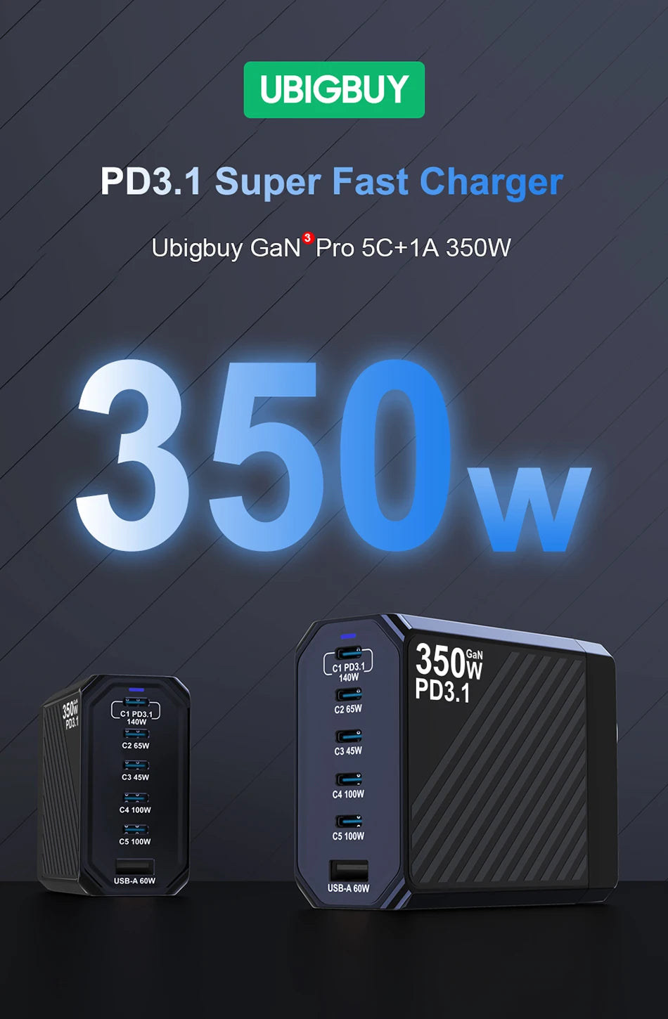 Ubigbuy 350W GaN Charger Fast Charger 140W PD3.1 QC PPS USB Phone Charging Station for MacBook Pro iPhone Samsung Laptop Tablet