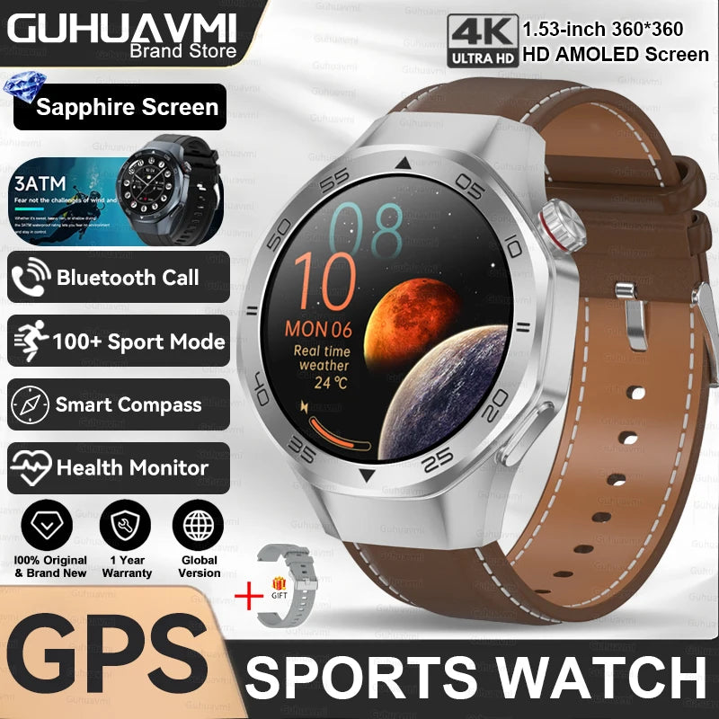 2025New Upgraded Outdoor Sport GPS Smart Watch Men 1.53" HD AMOLED Screen GPS track Heart Rate Bluetooth Call Compass SmartWatch