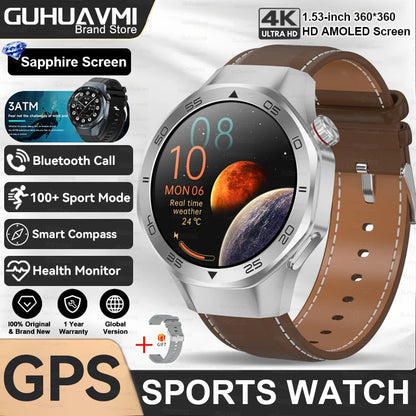 2025New Upgraded Outdoor Sport GPS Smart Watch Men 1.53" HD AMOLED Screen GPS track Heart Rate Bluetooth Call Compass SmartWatch