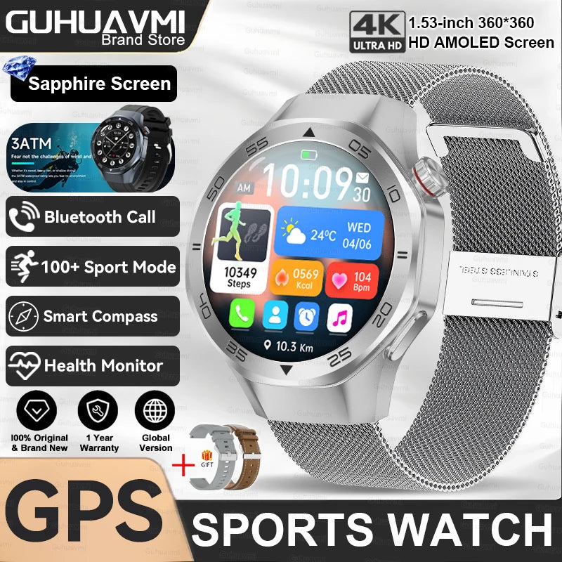2025New Upgraded Outdoor Sport GPS Smart Watch Men 1.53" HD AMOLED Screen GPS track Heart Rate Bluetooth Call Compass SmartWatch