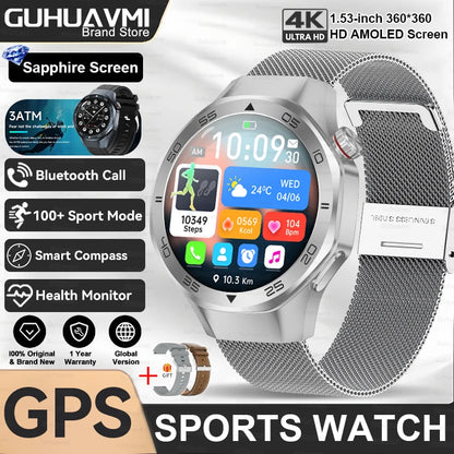 2025New Upgraded Outdoor Sport GPS Smart Watch Men 1.53" HD AMOLED Screen GPS track Heart Rate Bluetooth Call Compass SmartWatch