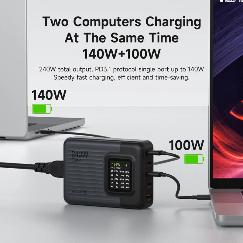 Hagibis 240W USB C Charger 5 Ports GaN 140W PD3.1 Fast Charger Desktop Charging Station with LCD Display For MacBook Pro Laptops