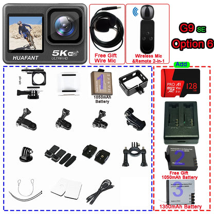 G9SE Action Camera 5K30fps 4K60fps 50MP 2.0 Touch LCD EIS DVR Webcam Dual Screen Wi-Fi 170D Waterproof 30M 5X Zoom Sports Camera