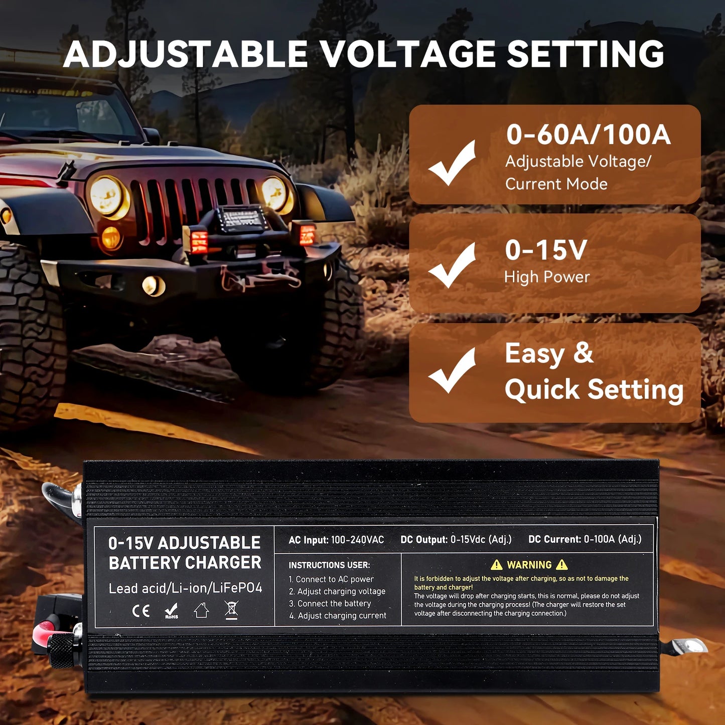 12V LiFePO4 Battery  60A 100A Anti reverse connectionAdjustable voltage and current Fast  Large Screen Display Charger