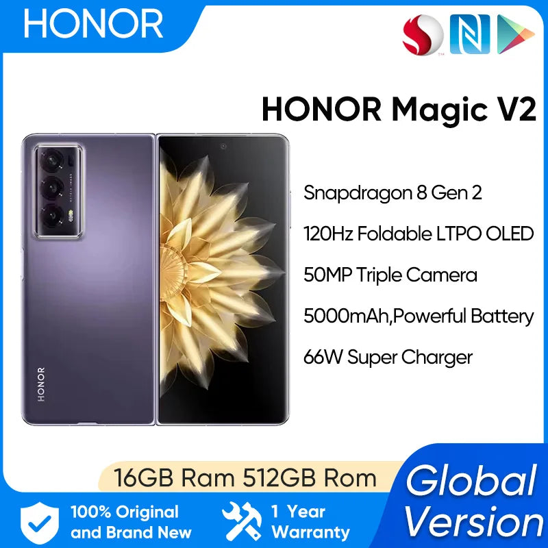 Honor Magic V2 5G Foldable LTPO Global Version 7.92"  OLED 120Hz Display Snapdragon 8 Gen 2 66W SuperCharge 5000mAh Battery NFC