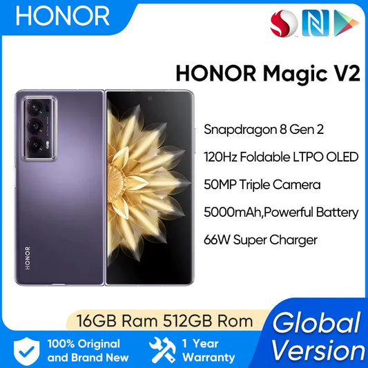 Honor Magic V2 5G Foldable LTPO Global Version 7.92"  OLED 120Hz Display Snapdragon 8 Gen 2 66W SuperCharge 5000mAh Battery NFC