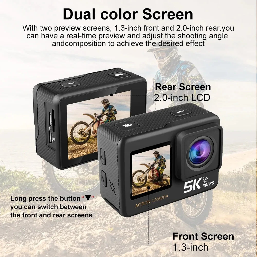 G9SE Action Camera 5K30fps 4K60fps 50MP 2.0 Touch LCD EIS DVR Webcam Dual Screen Wi-Fi 170D Waterproof 30M 5X Zoom Sports Camera