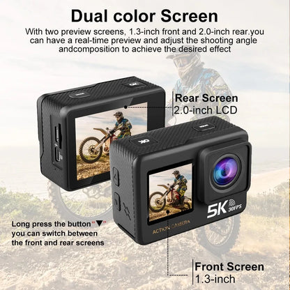 G9SE Action Camera 5K30fps 4K60fps 50MP 2.0 Touch LCD EIS DVR Webcam Dual Screen Wi-Fi 170D Waterproof 30M 5X Zoom Sports Camera