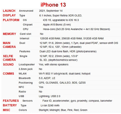 99% New Origina iPhone 13 128GB 256GB 512GB ROM Unlocked 5G  iPhone13 6.1' Super Retina XDR OLED 12MP Face ID NFC Mobile Phone - Universal Market