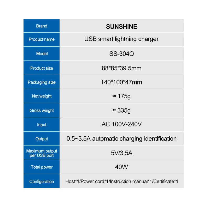 SUSNHINE SS-304Q 6-port Usb Digital Display Fast Charge QC3.0 Smart Fast Charge for Phone Tablet Watch Charging