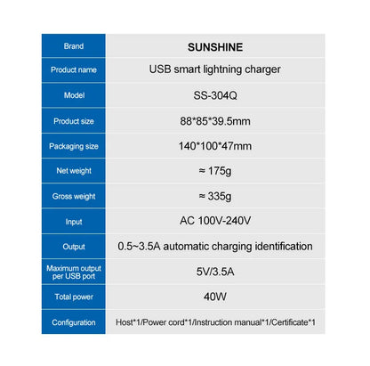 SUSNHINE SS-304Q 6-port Usb Digital Display Fast Charge QC3.0 Smart Fast Charge for Phone Tablet Watch Charging