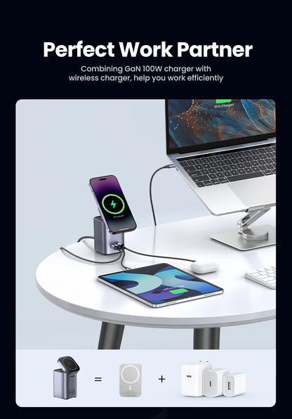 UGREEN GaN 100W Desktop Charger MFi Magnetic Wireless Charger for iPhone 17 16 15 Fast Charger Power Station for Laptop Notebook